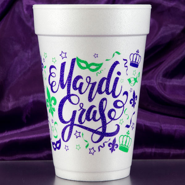 Mardi Gras Script Foam Cups