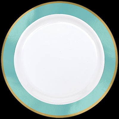 10.25" White Plastic Plate w/Gold & Robins Egg Blue Trim