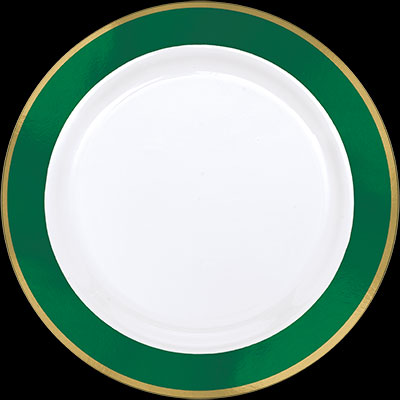 10.25" White Plastic Plate w/Gold & Green Trim