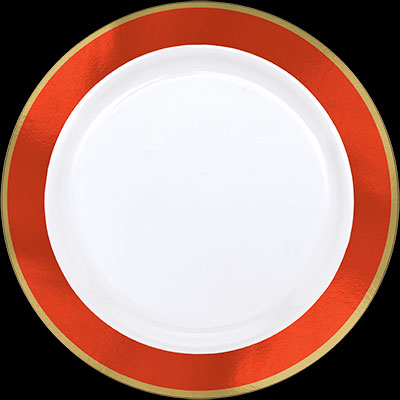 7.5" White Plastic Plate w/Gold & Orange Trim