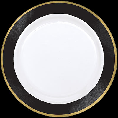 7.5" White Plastic Plate w/Gold & Black Trim