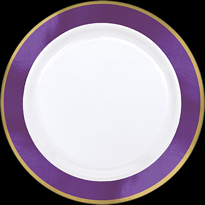 10.25" White Plastic Plate w/Gold & Purple Trim