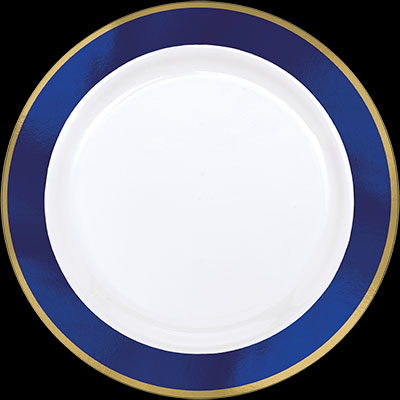 10.25" White Plastic Plate w/Gold & Royal Blue Trim