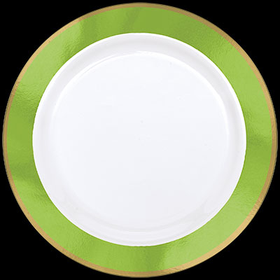 10.25" White Plastic Plate w/Gold & Kiwi Trim