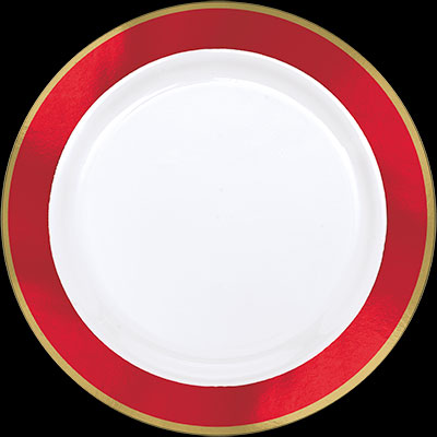 10.25" White Plastic Plate w/Gold & Red Trim