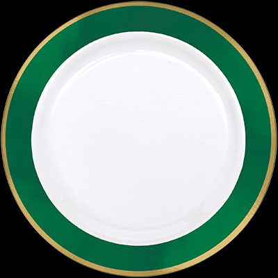 7.5" White Plastic Plate w/Gold & Green Trim