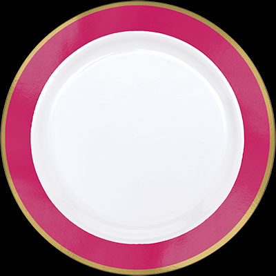 7.5" White Plastic Plate w/Gold & Bright Pink Trim